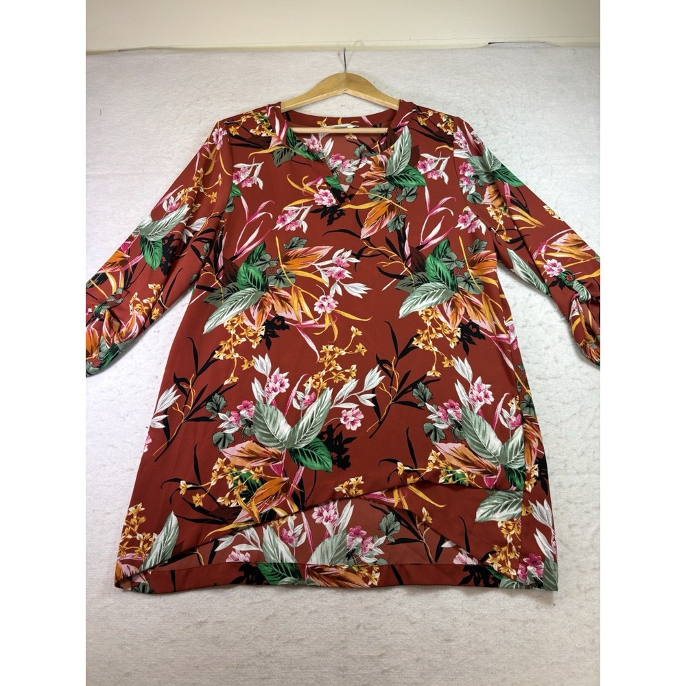Christopher & Banks Women's L Tunic V-neck Tropical Floral 3/4 Roll Tab Sleeve